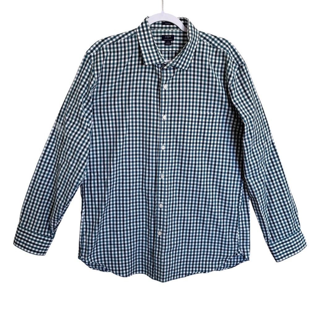 J. Crew Mens Green and White Gingham Button-Down Shirt